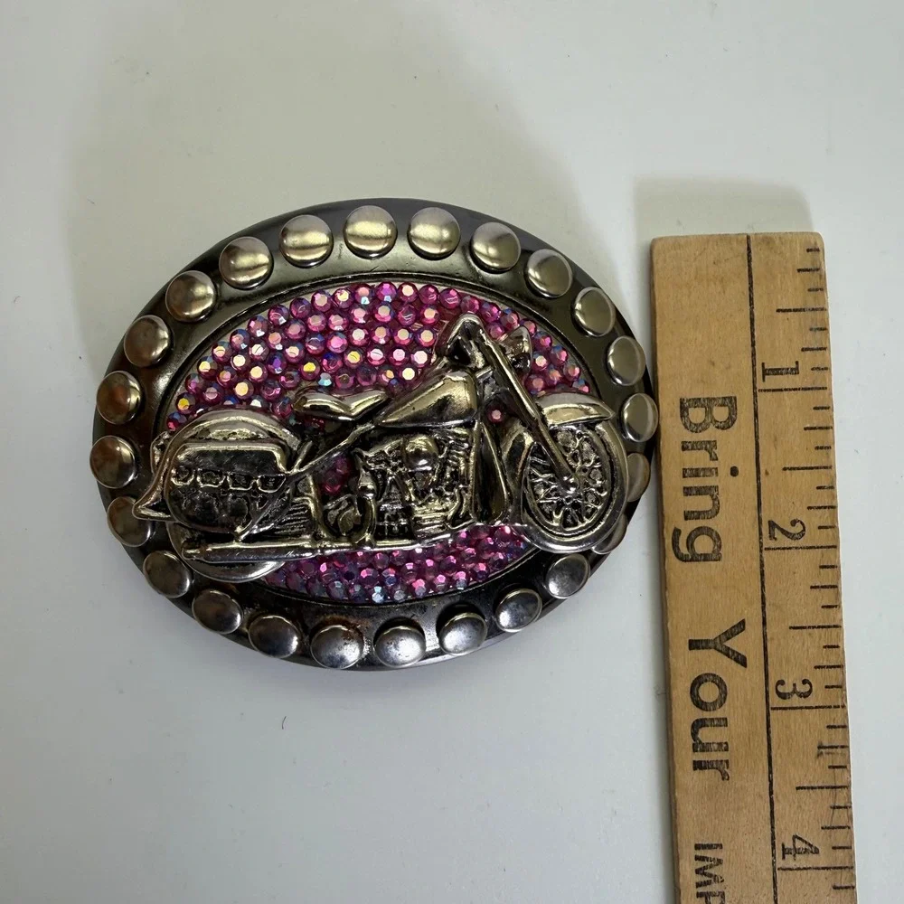 Womens OS Belt Buckle Pink Rhinestone Motorcycle Studded Oval Silver Biker‎ Moto